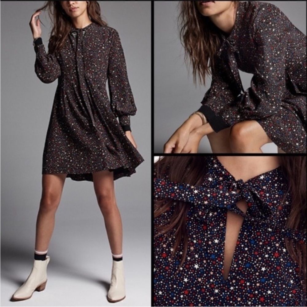 Madewell Mini Dress Size 0 Star Pattern 100% Silk Tie Neck  Black Red Blue